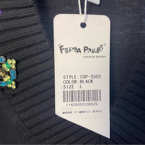 Forla Paris Black Embroidered V-Neck Top, Avant Garde, Artsy, NEW w/ TAGS, L - Picture 6 of 8